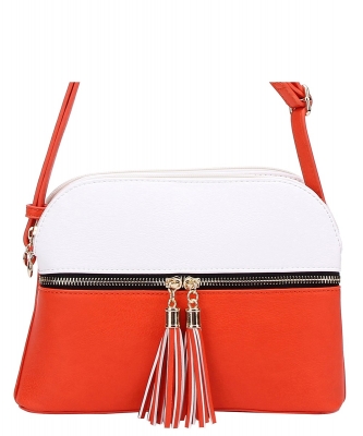 Dual Tone Zip Tassel Multi Compartment Crossbody Bag LP050 WHITE CORALROSE
